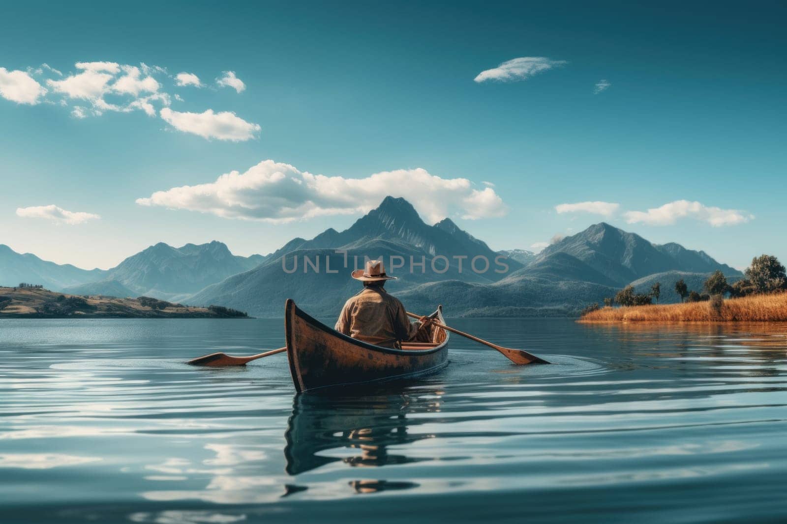 Canoe in the middle of the lake, mountains and clear sky background.
