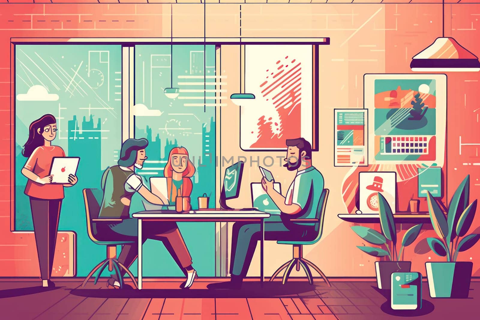 Group business team video conference meeting online concept. flat illustration cartoon character design concept, Generative AI.