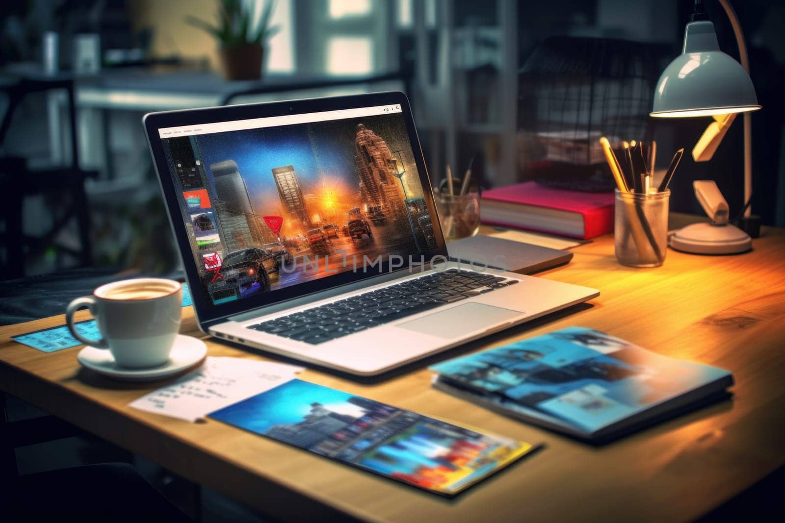 A designer's desk with a laptop, designer's working table.