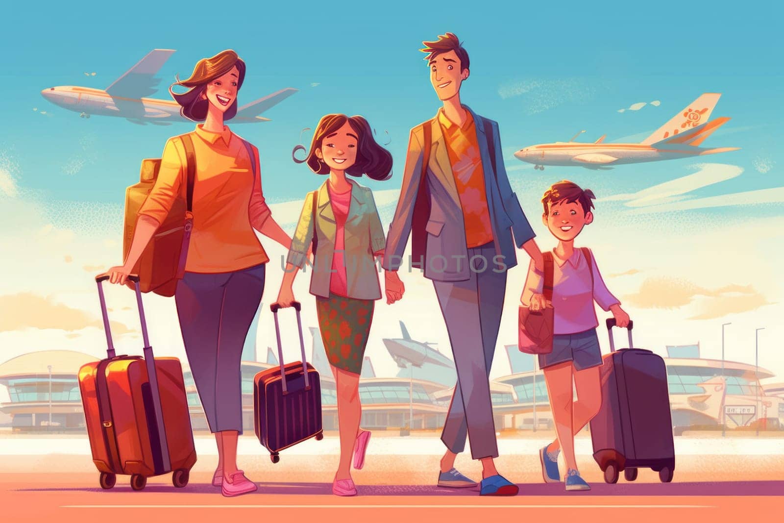 Family Trip Concept, family travel at airport,Time for family vacation, family travel at airport 2d, Generative AI.