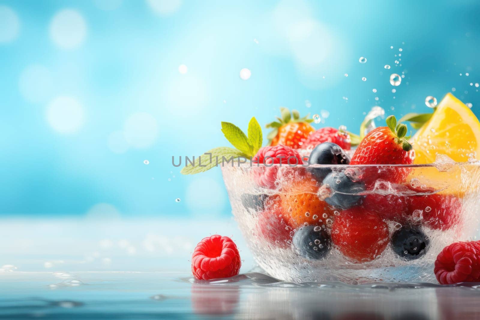 Fresh fruit with water splash, Generative AI.