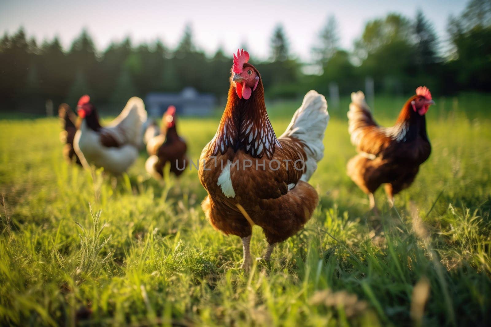 Enjoyable photo of free range chickens in the pasture.