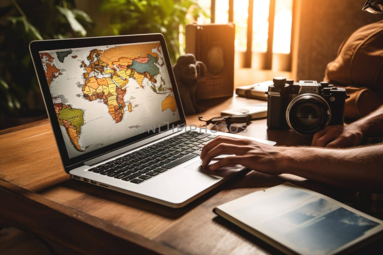 Tourist planning vacation use laptop for search and check hotel and travel accessories on table.