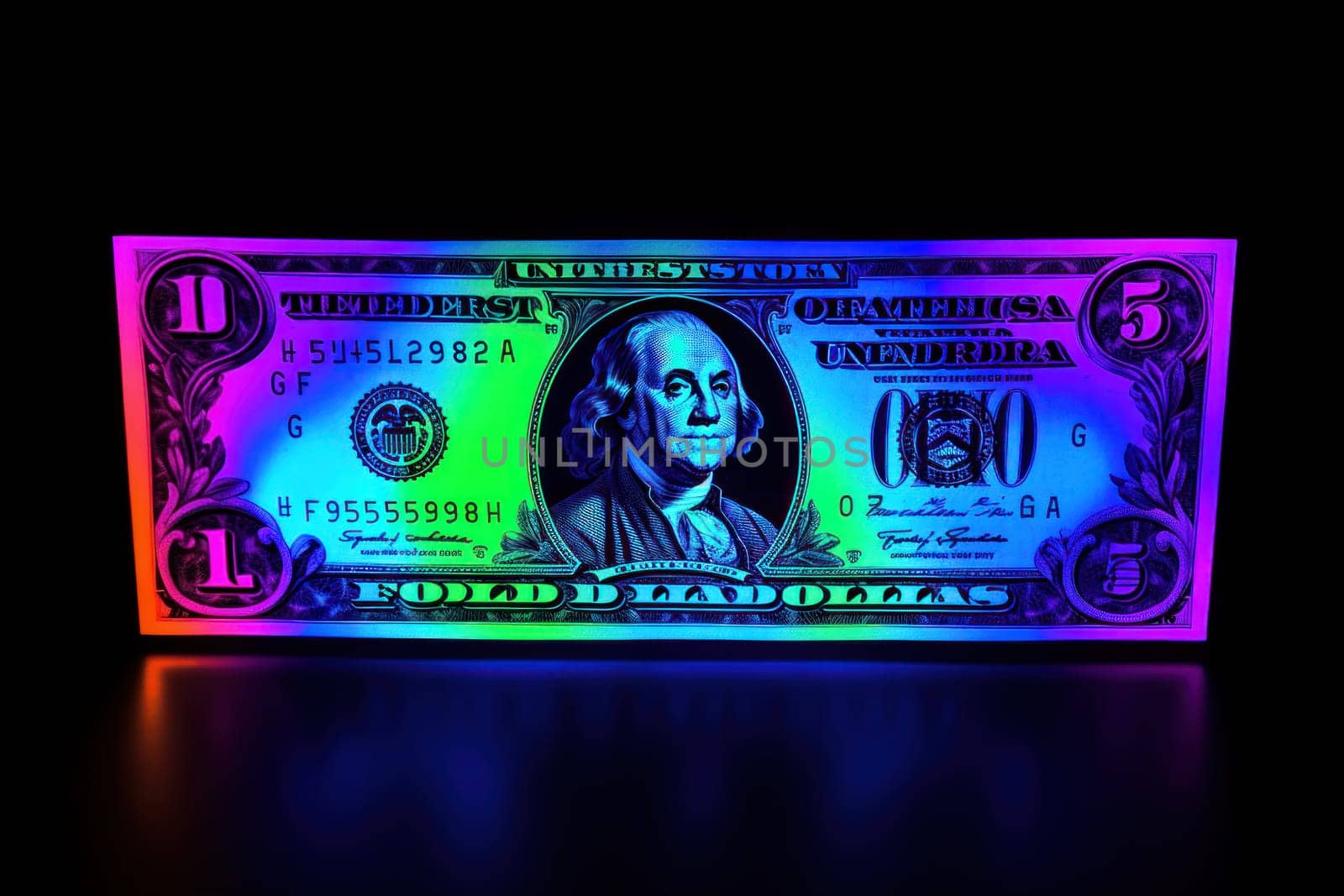 dollar bills falling with Neon colorful background.