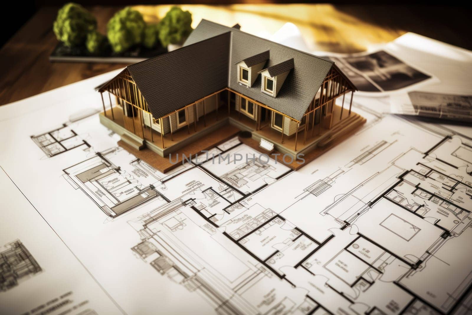 House models sit on top of several different architects drawings and floor plan.