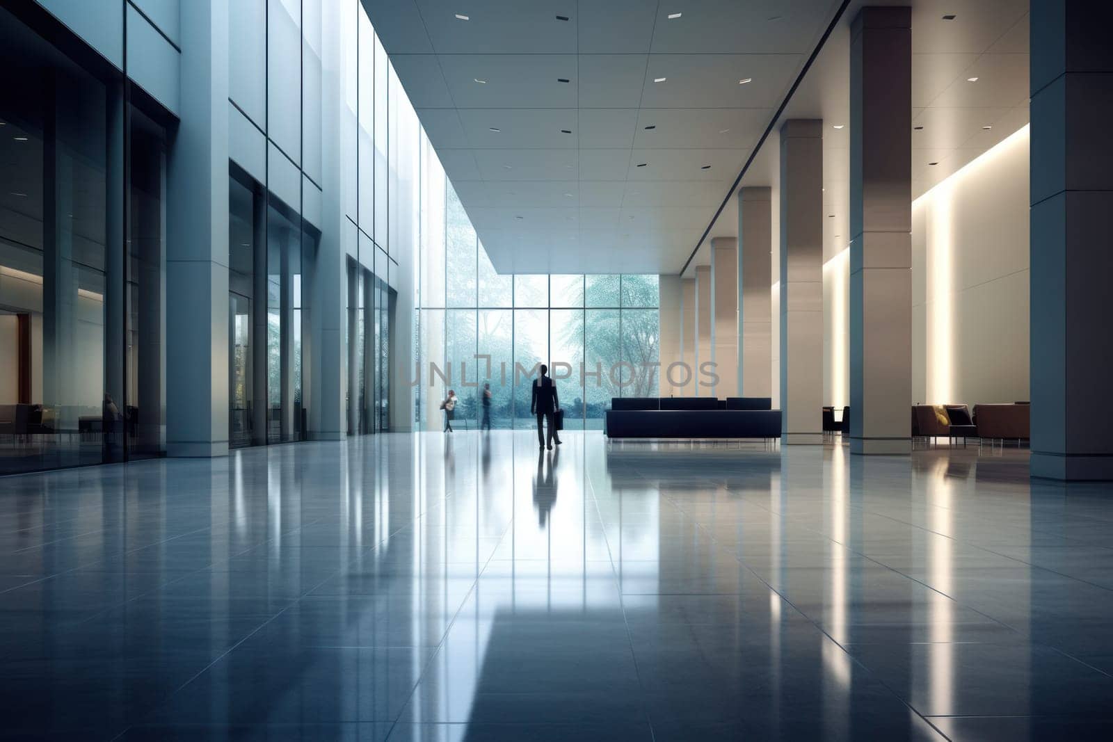 An office building with a huge people flow, fast shutter, Business people walking, Generative AI.