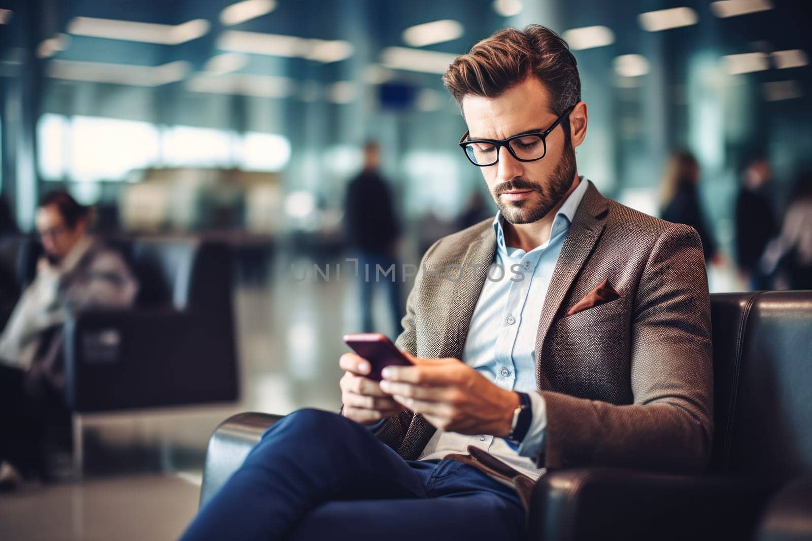 Man at airport lounge and using mobile phone, Businessman working and using mobile at busy time on airport, Generative AI.