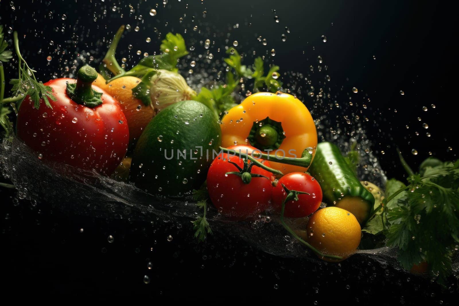 Photo of various vegetables with water splashes.