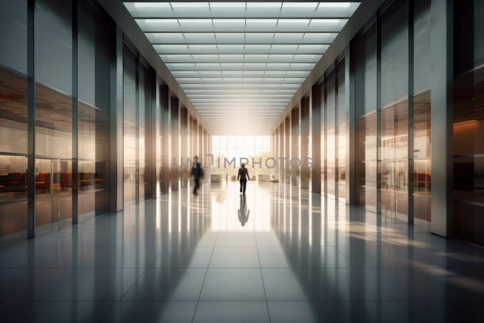 An office building with a huge people flow, fast shutter, Business people walking, Generative AI.