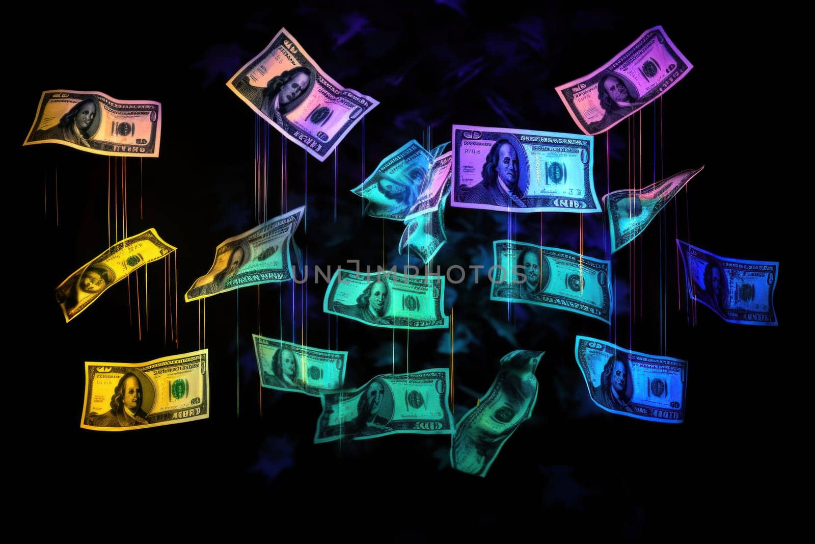 dollar bills falling with Neon colorful background.