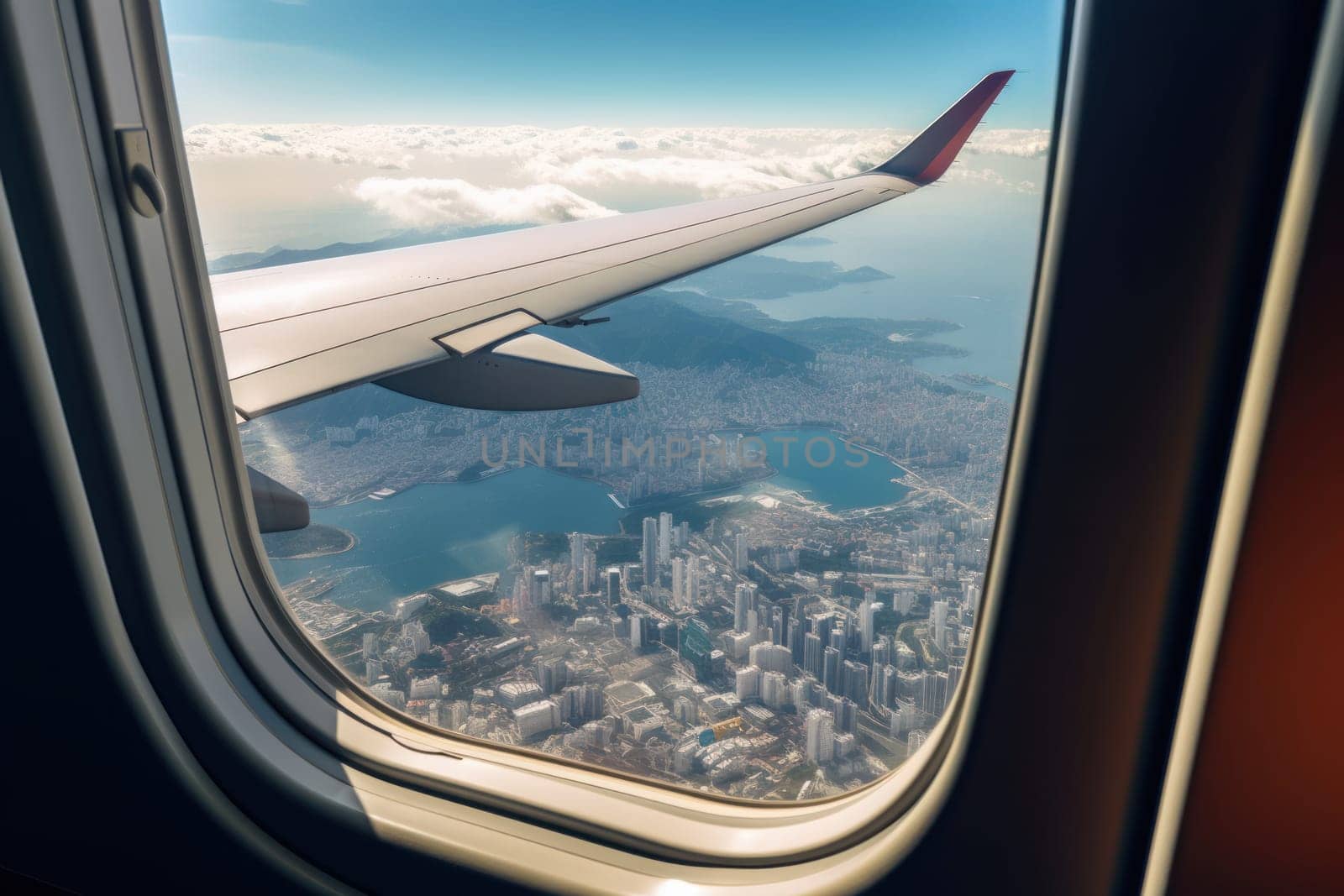 Photo View from the window of an airplane wing while flying over a blue sky.