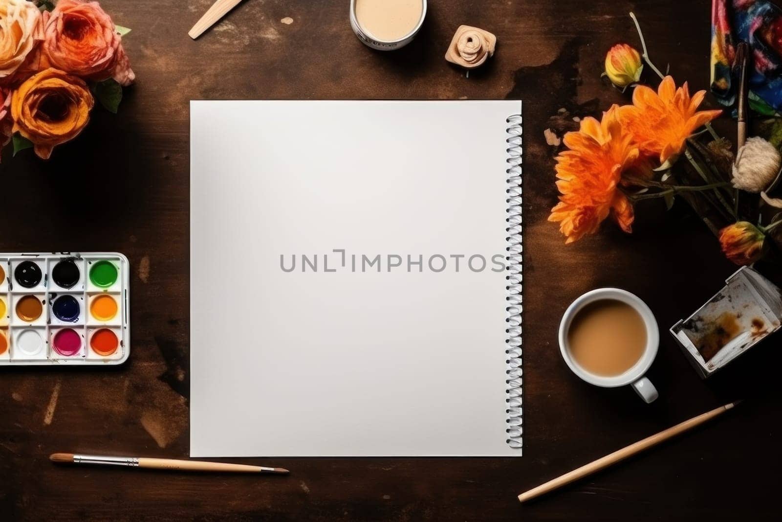 A white sheet of paper on a table with art supplies, top view, Generative AI.