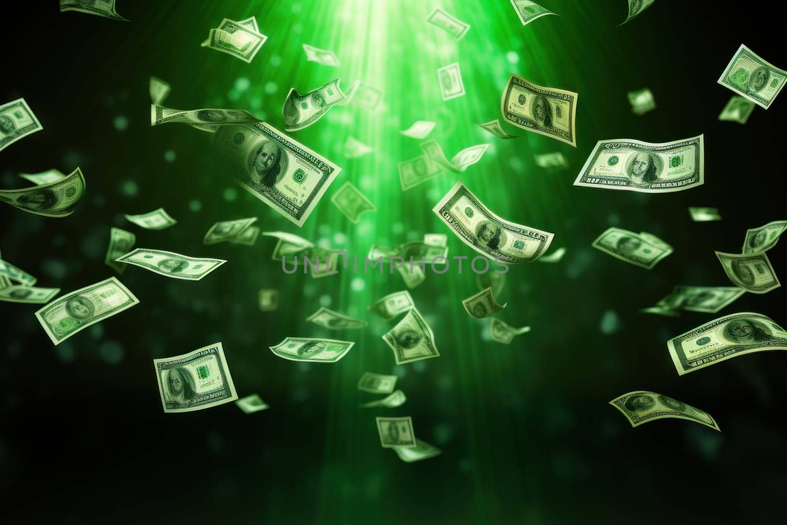 dollar bills falling with colorful abstract background.