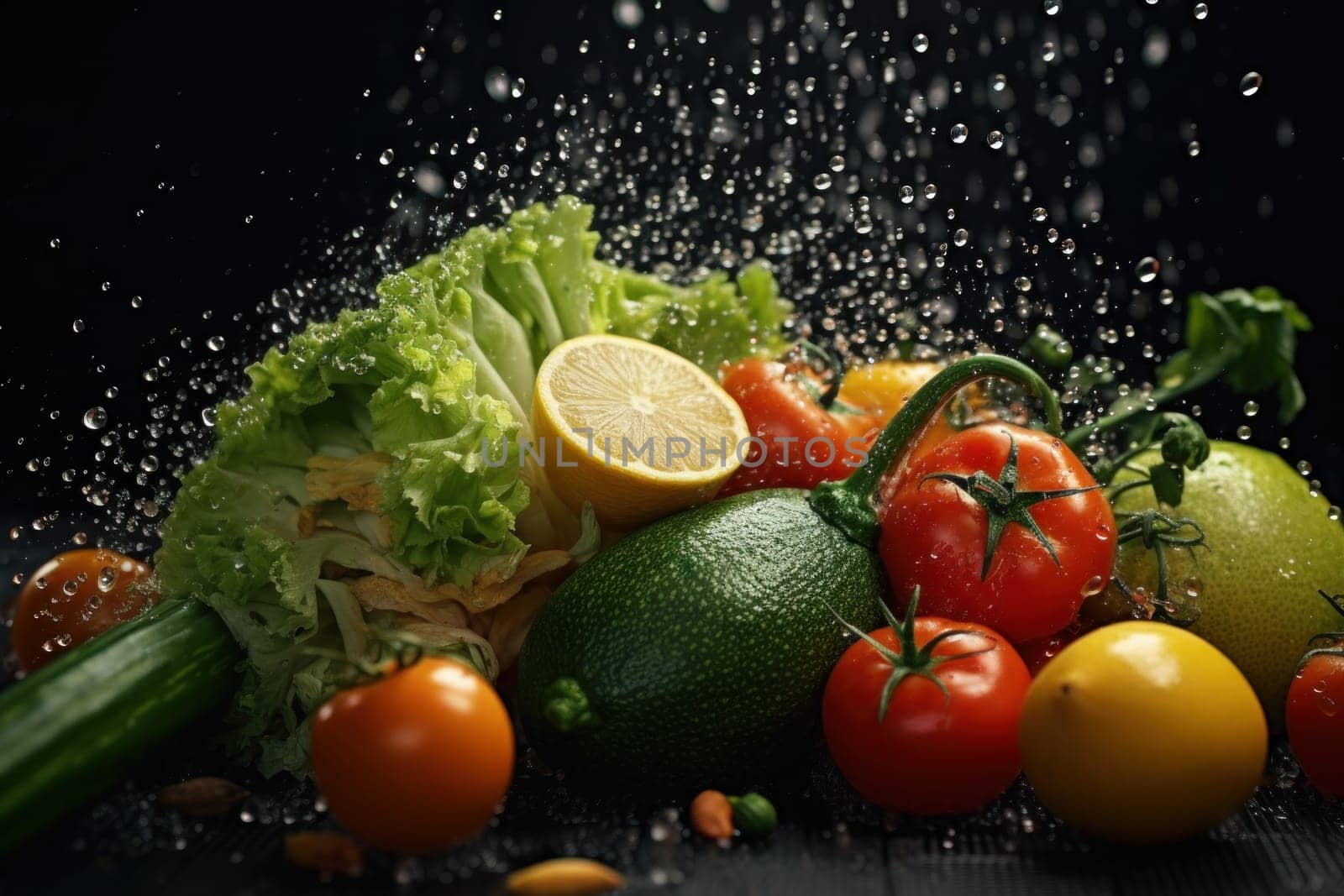 Photo of various vegetables with water splashes.