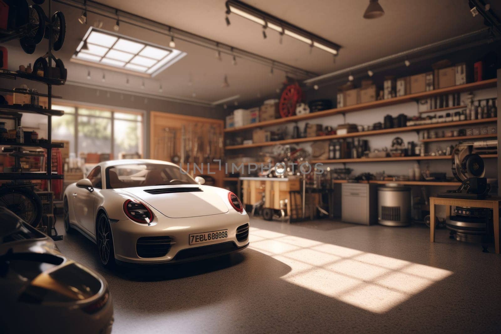 Photo of car garage complete with workshop equipment.