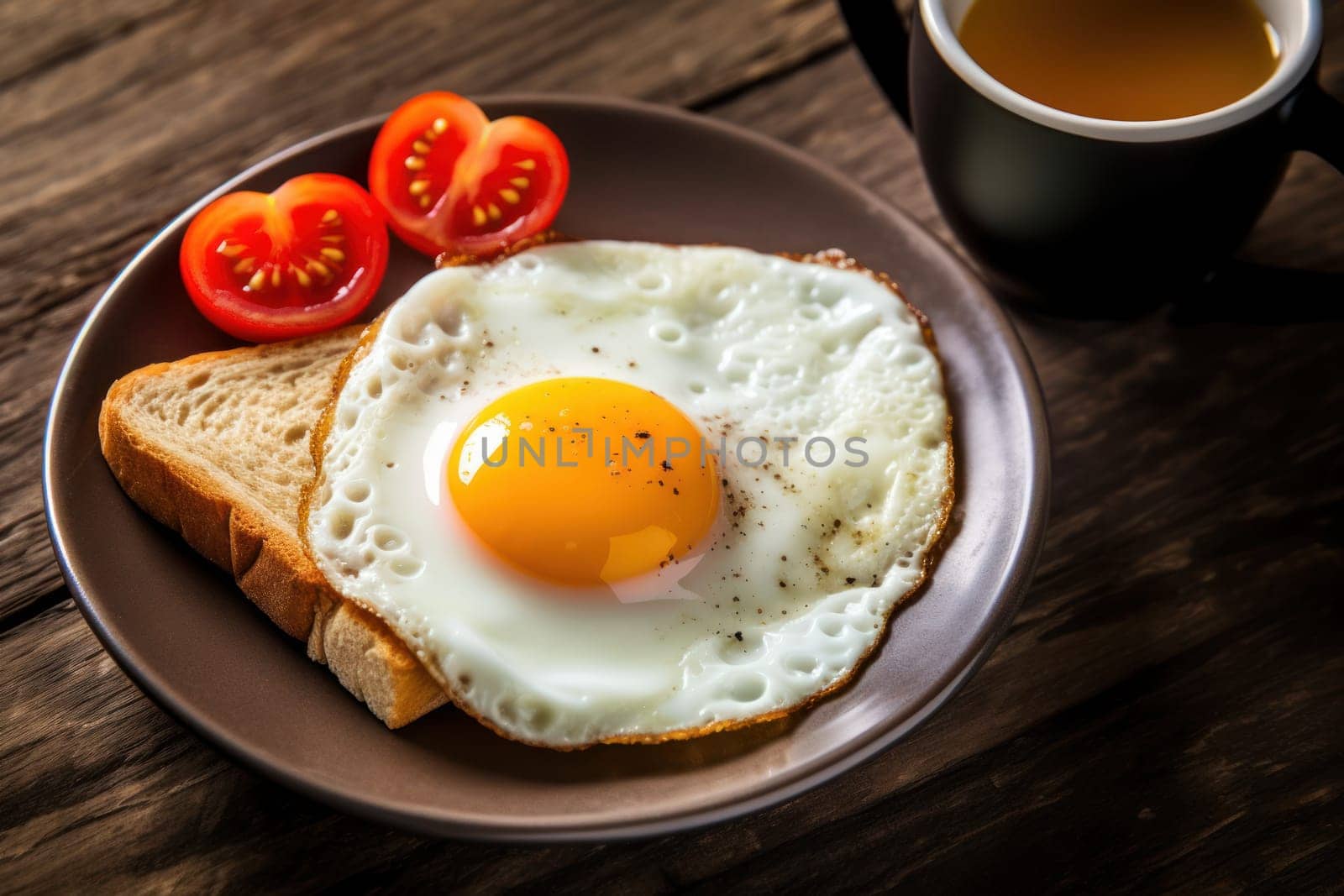 Breakfast with delicious fried eggs garnished with sliced tomato Generative AI.