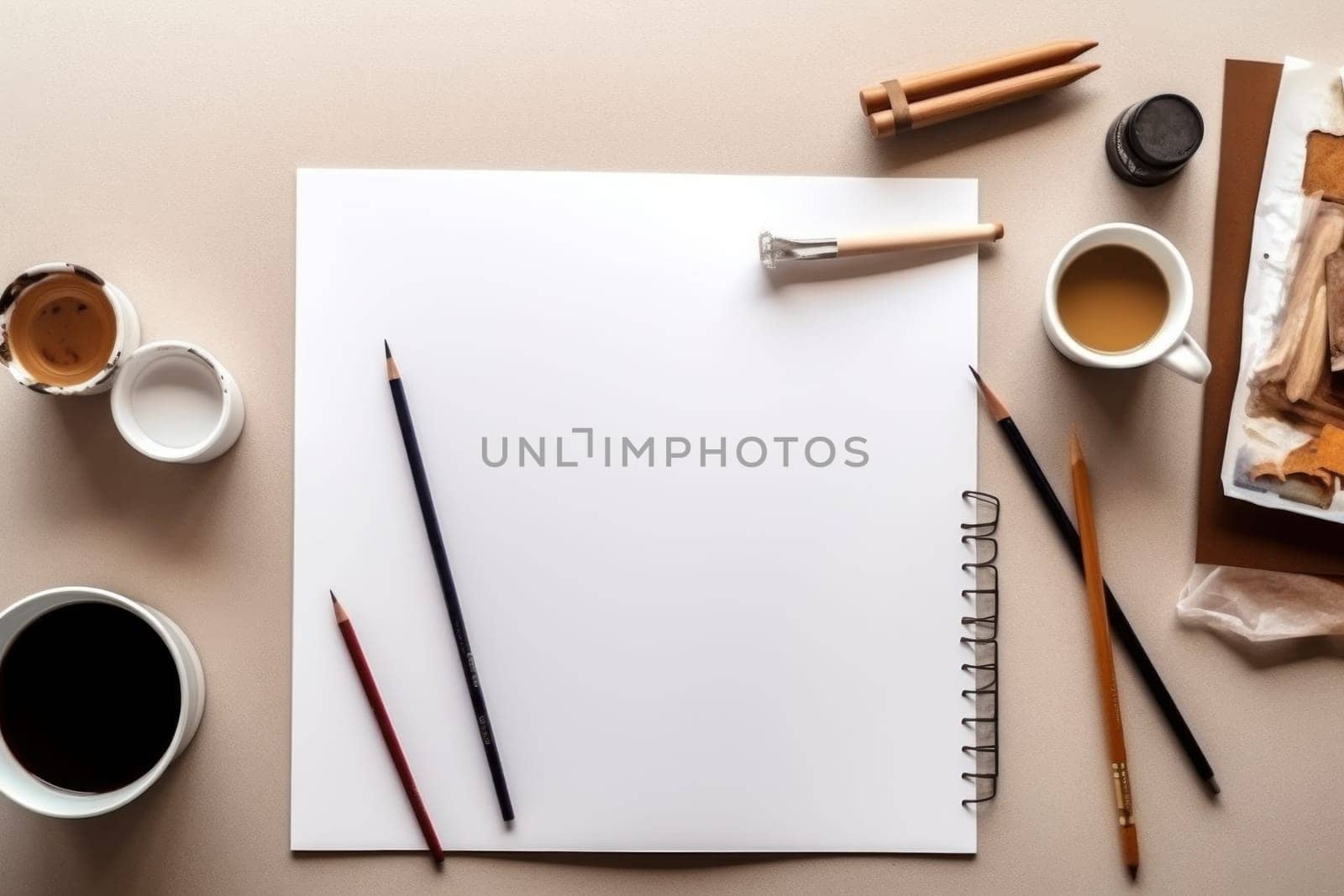 A white sheet of paper on a table with art supplies, top view, Generative AI.