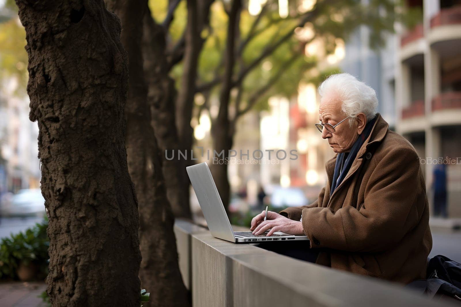 Senior couple using laptop Retired Elderly Couple Using Laptop at Outdoor Generative AI.