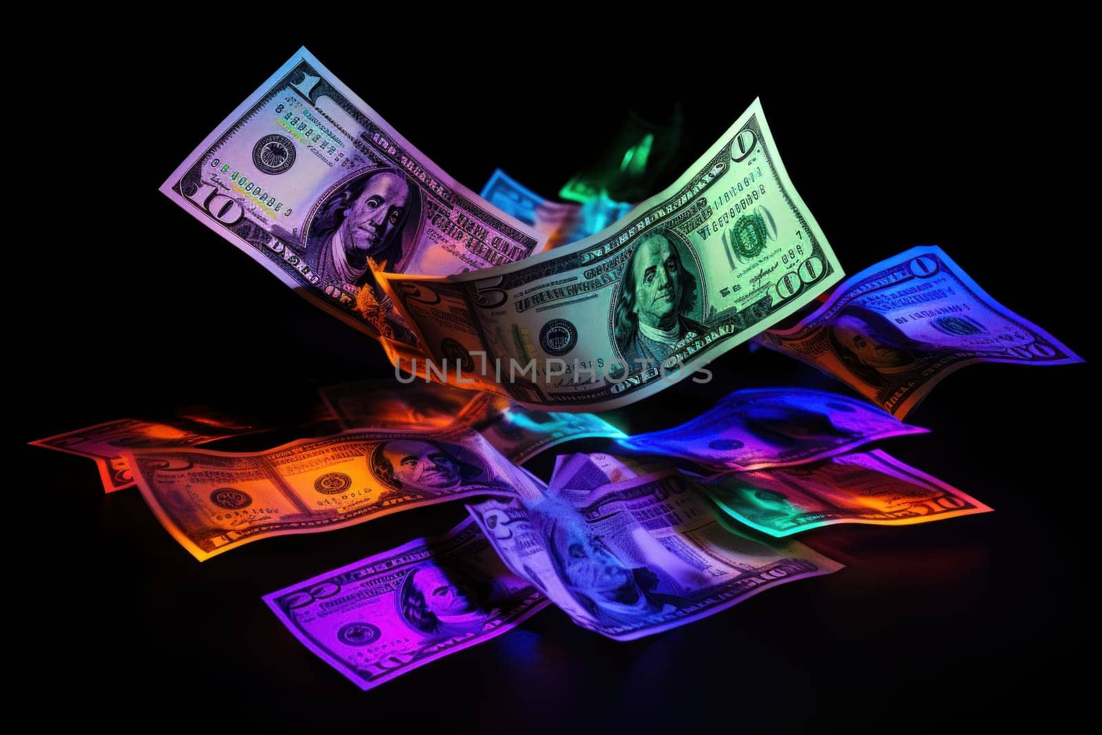 dollar bills falling with Neon colorful background.