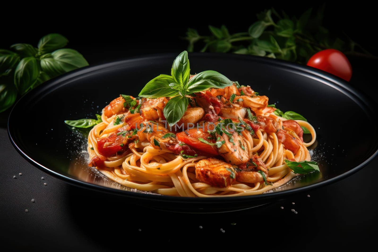 Delicious spaghetti served on a black plat.