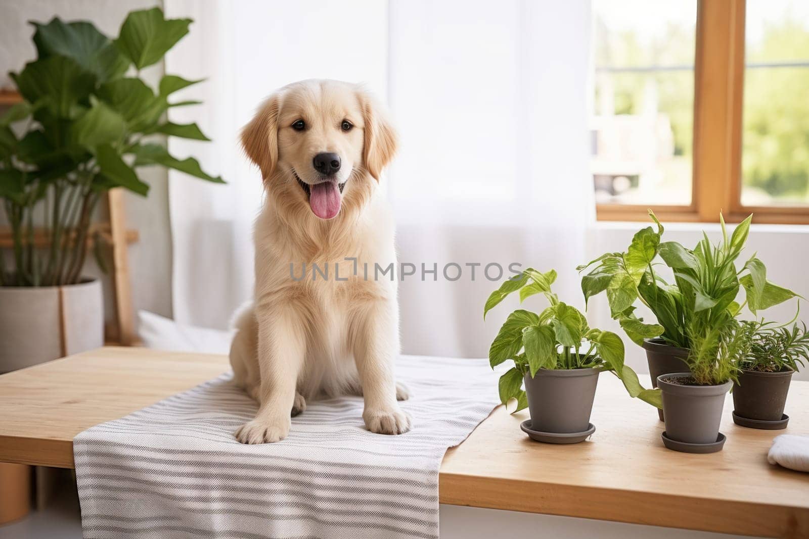 Modern living room interior Cute Golden Labrador Retriever near couch Generative AI.