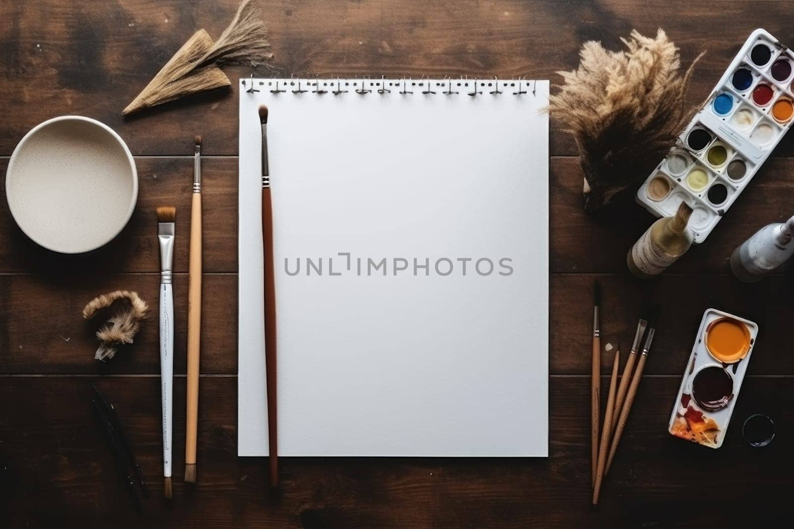A white sheet of paper on a table with art supplies, top view, Generative AI.
