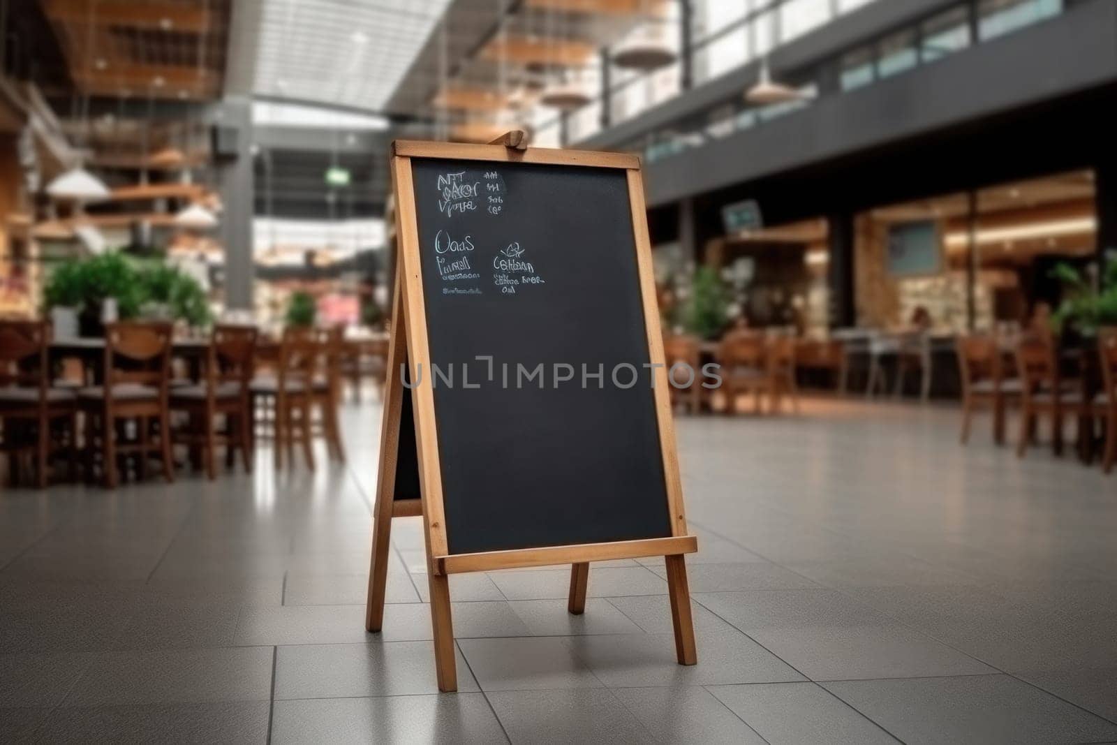 Advertising blank Blackboard, Blank restaurant shop sign or menu boards in shopping mall center, Blackboard sign mockup in front of a restaurant Signboard, Generative AI.