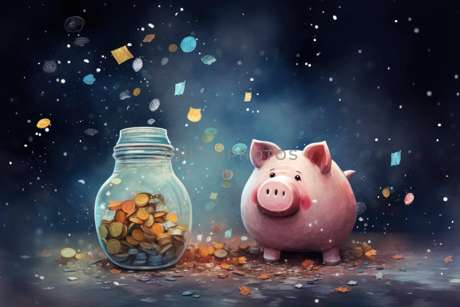 A lot of dollar money with piggy bank.