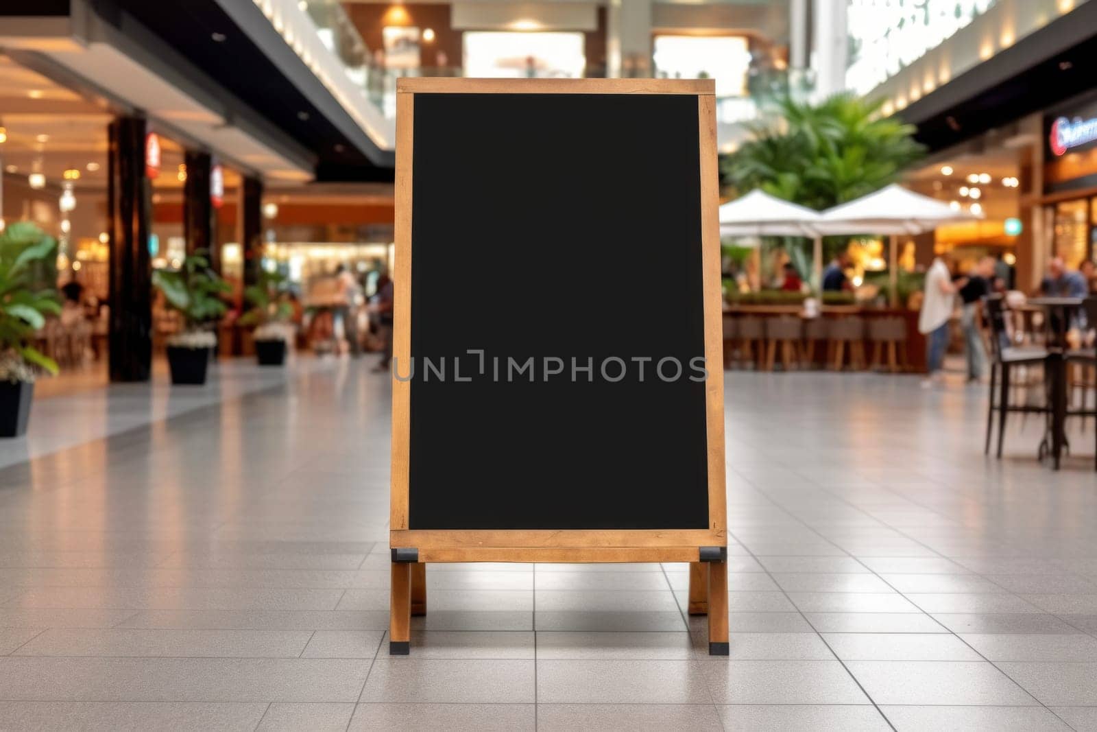 Advertising blank Blackboard, Blank restaurant shop sign or menu boards in shopping mall center, Blackboard sign mockup in front of a restaurant Signboard, Generative AI.