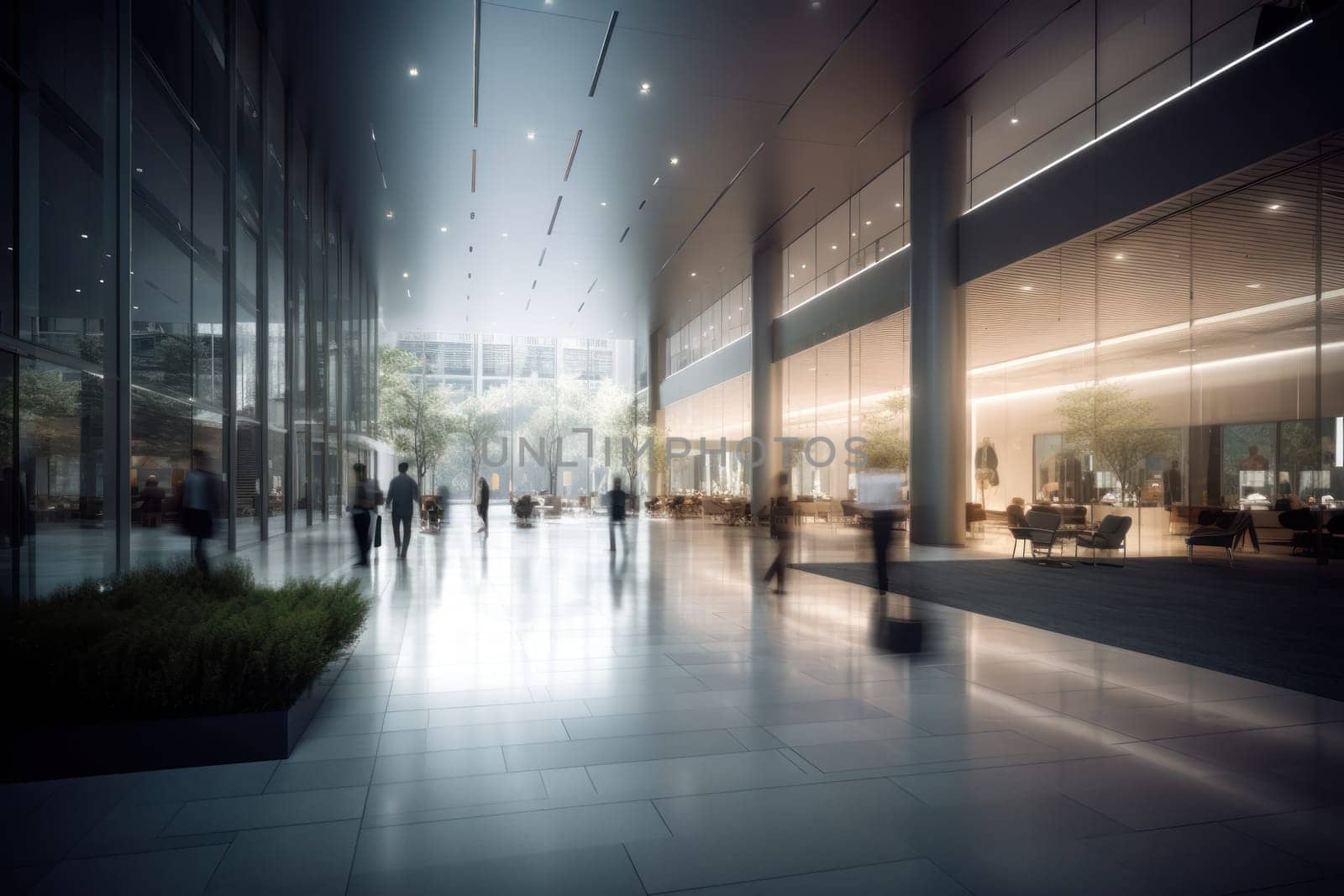 An office building with a huge people flow, fast shutter, Business people walking, Generative AI.