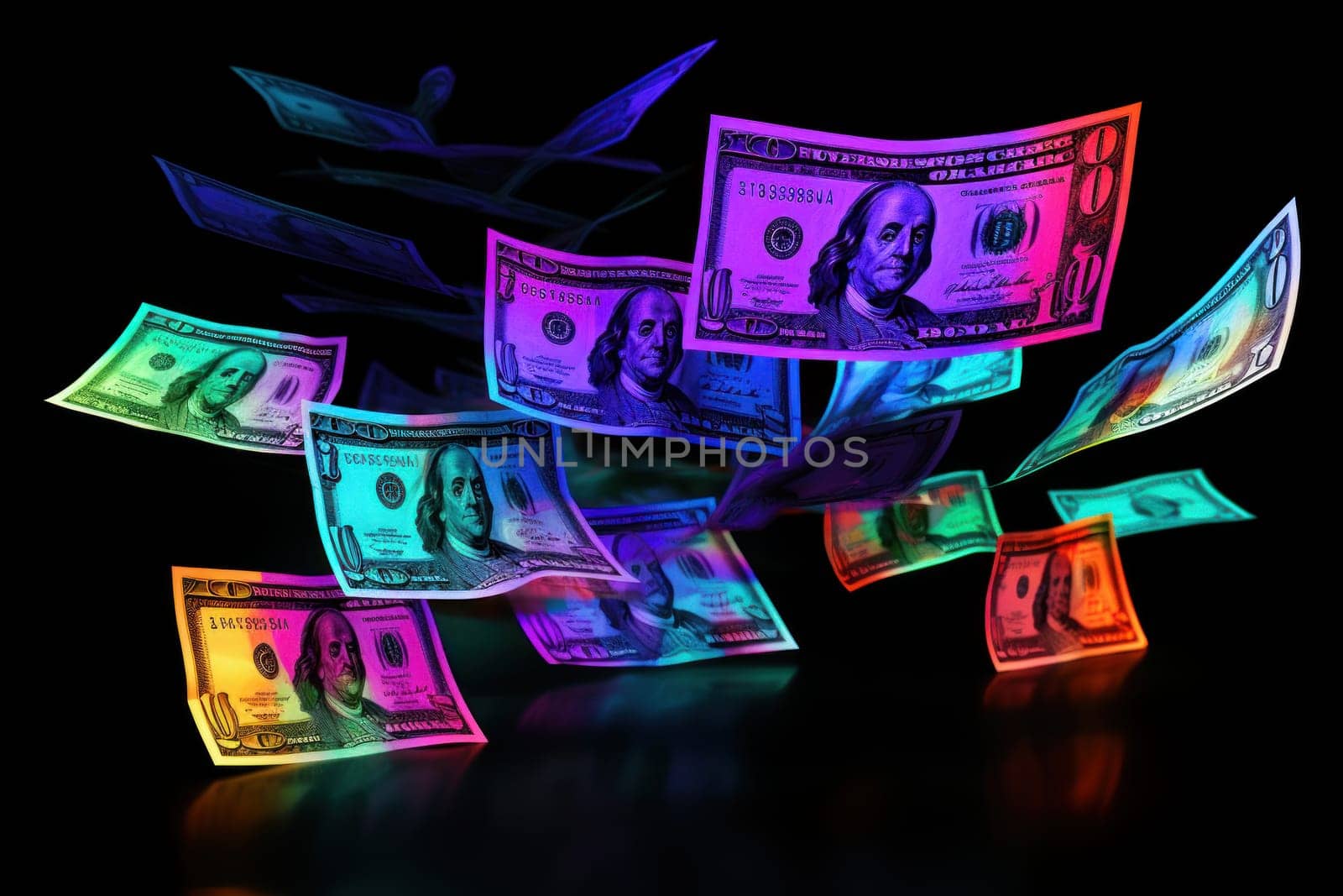 dollar bills falling with Neon colorful background.