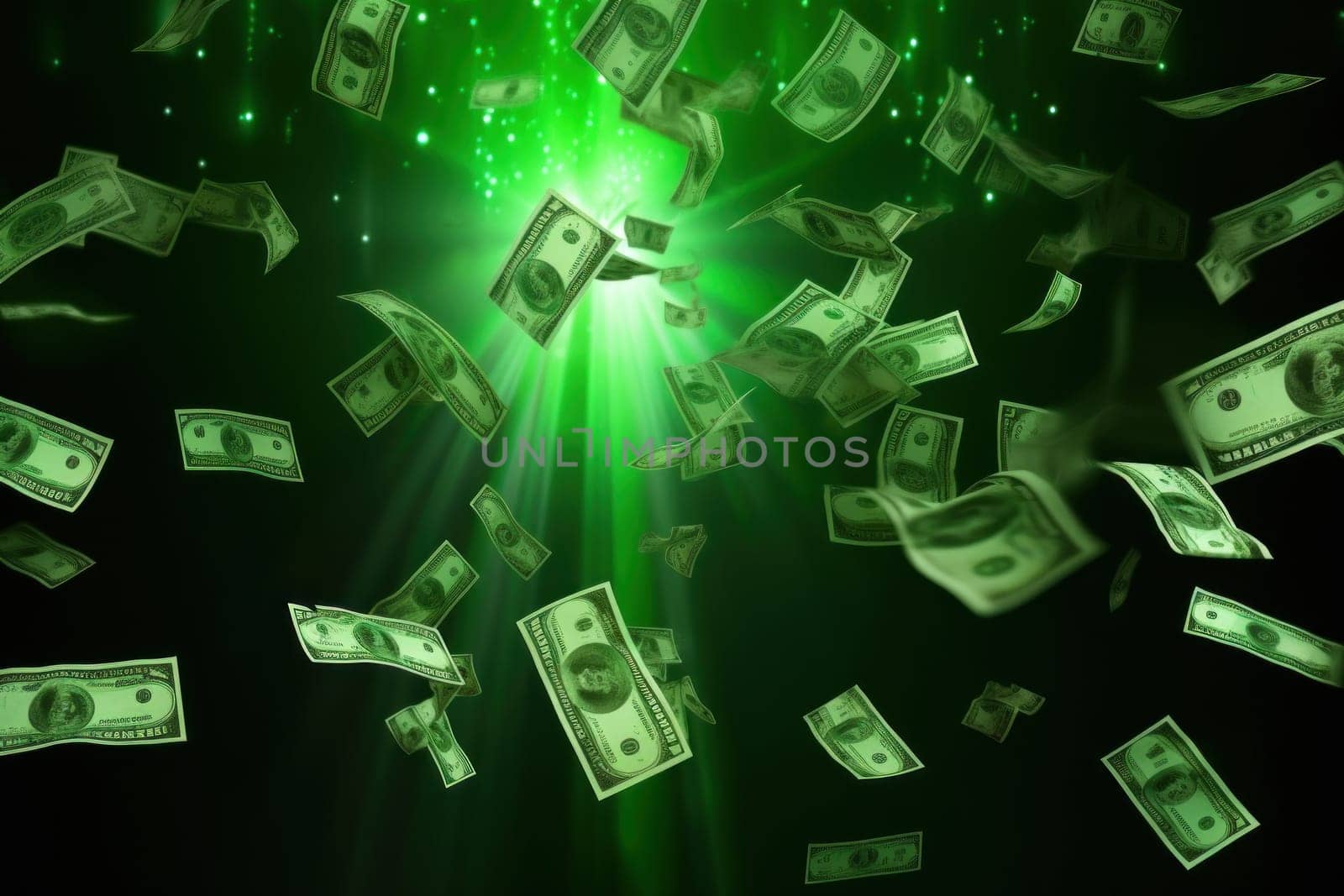 dollar bills falling with colorful abstract background.