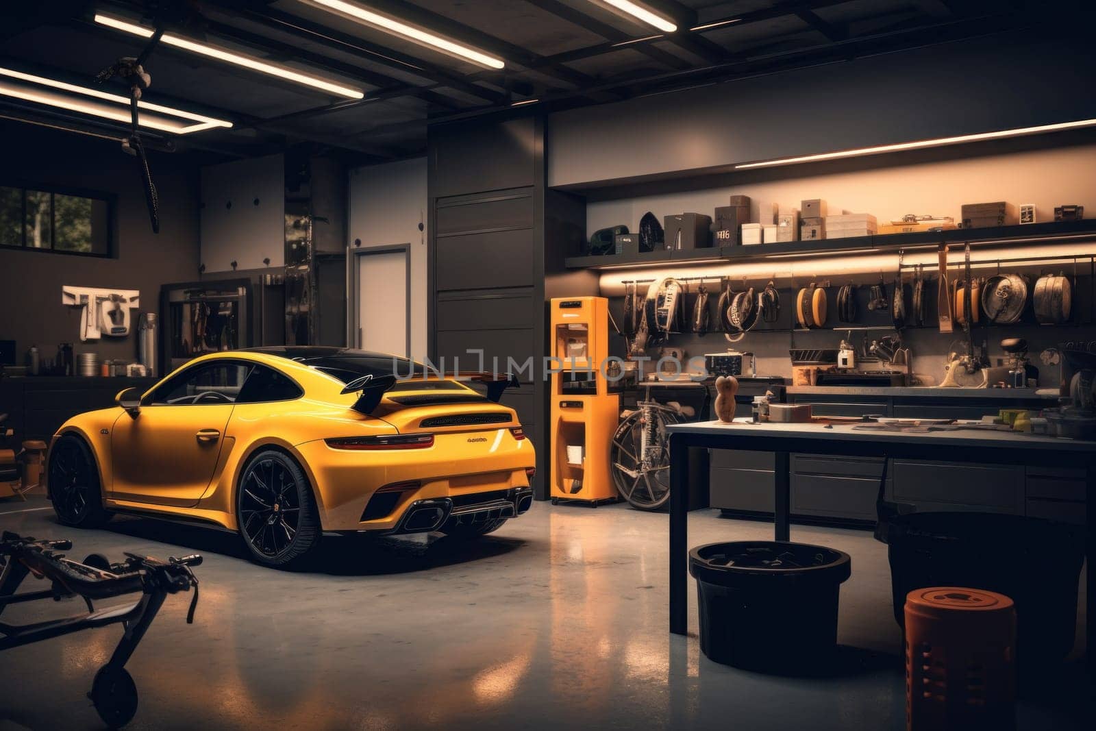 Photo of car garage complete with workshop equipment.