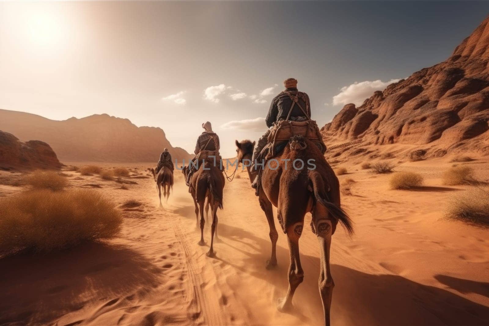 Herd of camel riders crossing the great desert.