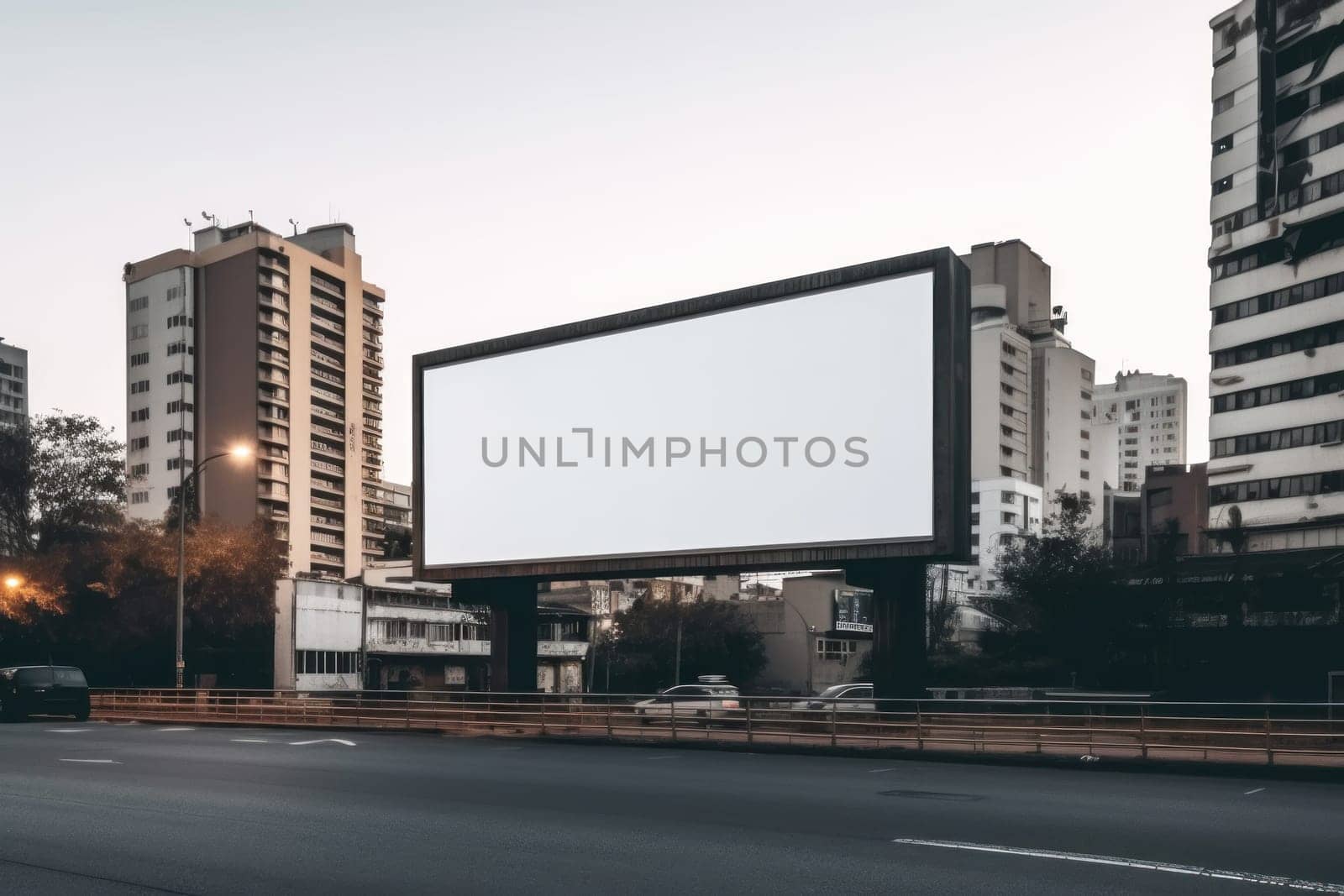 White empty billboard in an urban environment. City streets, Generative AI.