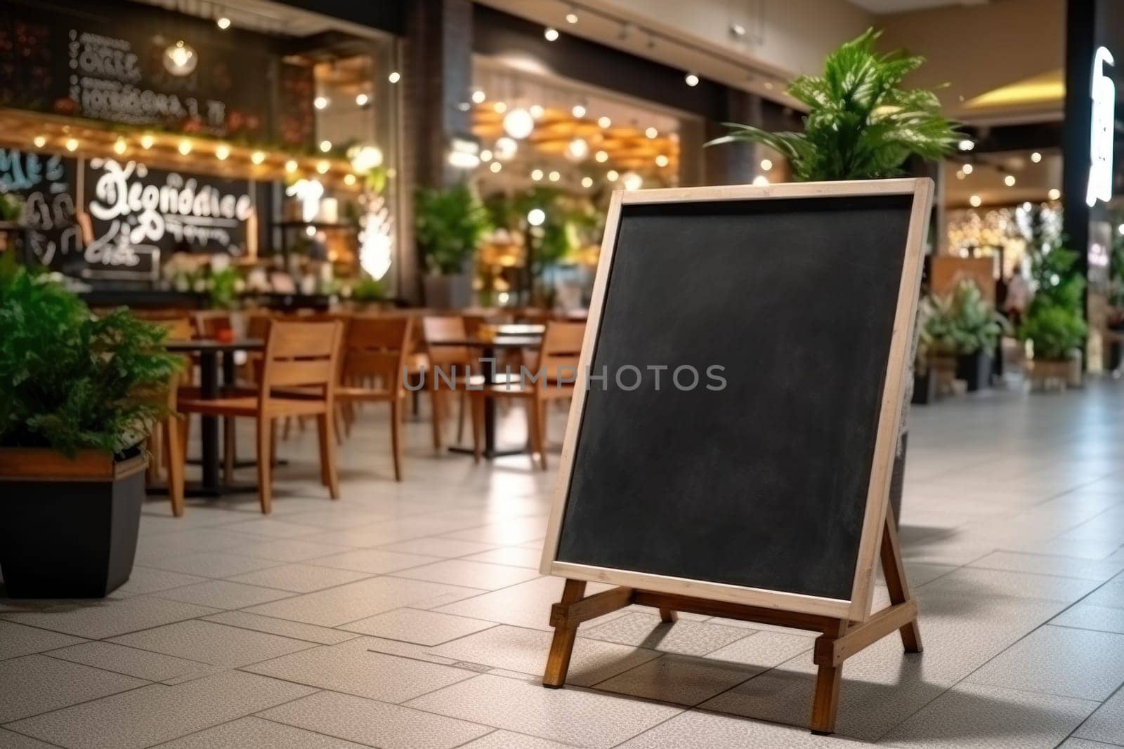 Advertising blank Blackboard, Blank restaurant shop sign or menu boards in shopping mall center, Blackboard sign mockup in front of a restaurant Signboard, Generative AI.