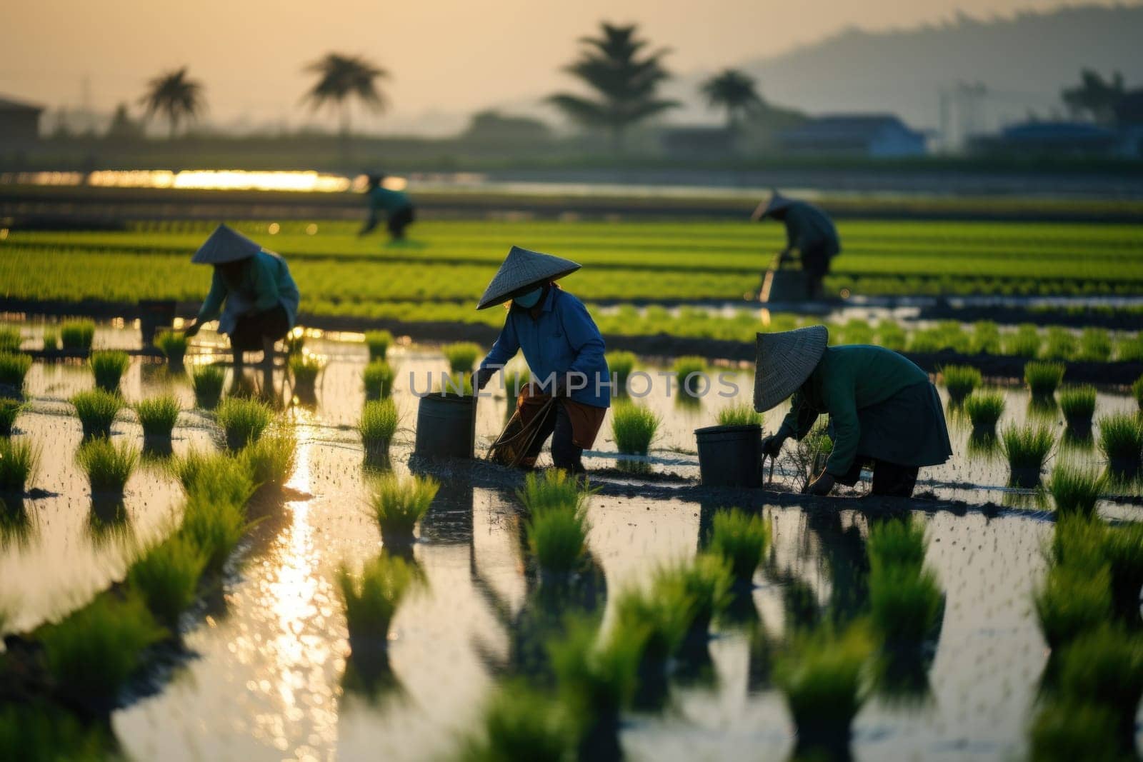 Agriculture of Asia Local Thai farmers are planting rice fields.