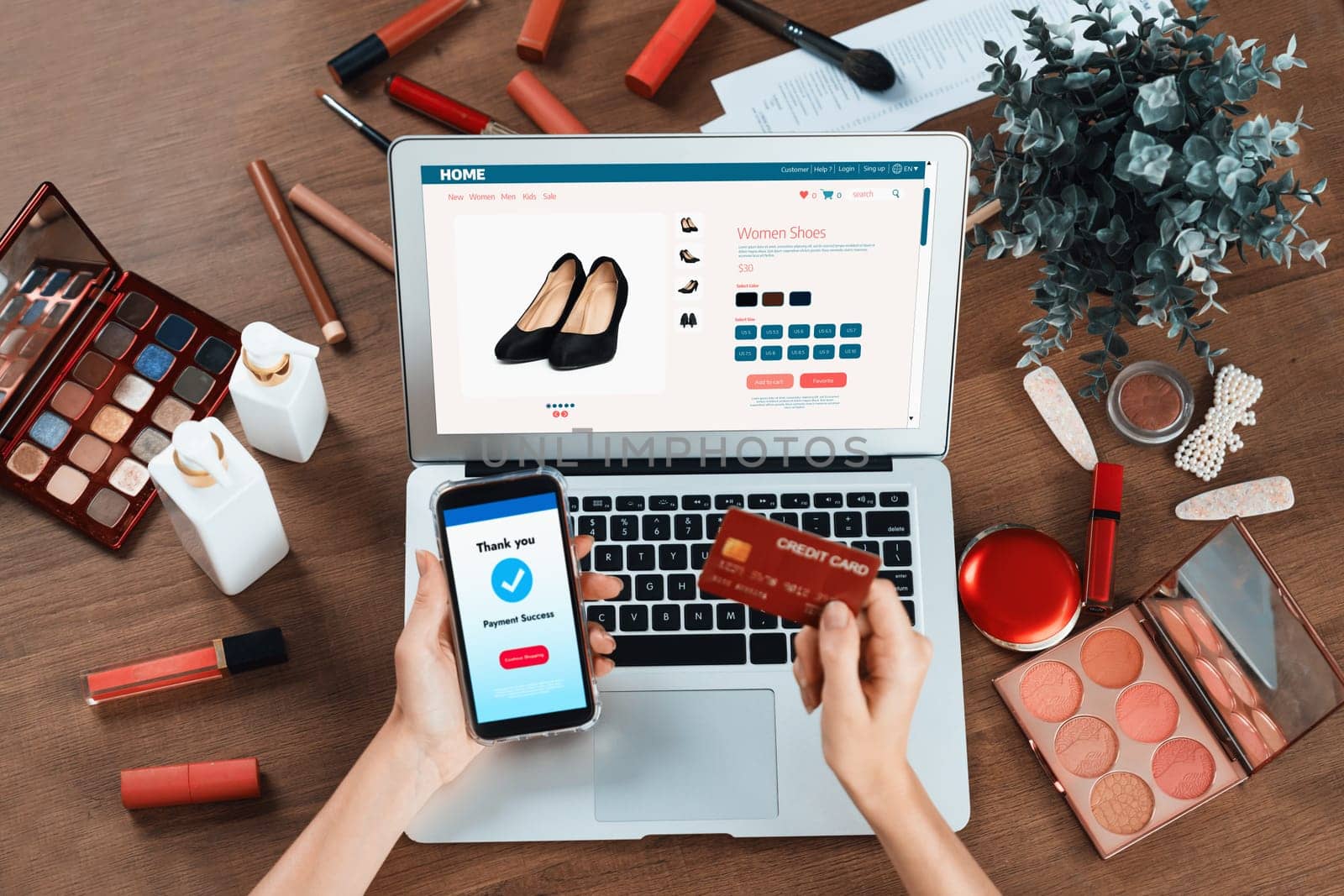 Woman shopping online on internet marketplace browsing for sale items for modern lifestyle and use credit card for online payment from wallet protected by utmost cyber security software