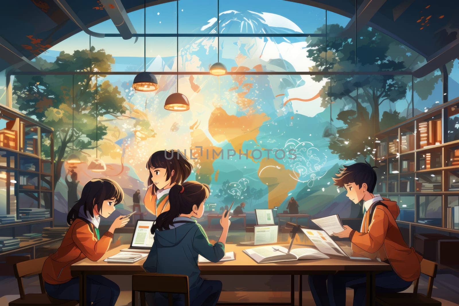 group student in class room, students in a library, Round table discussion, illustrator, Generative AI.