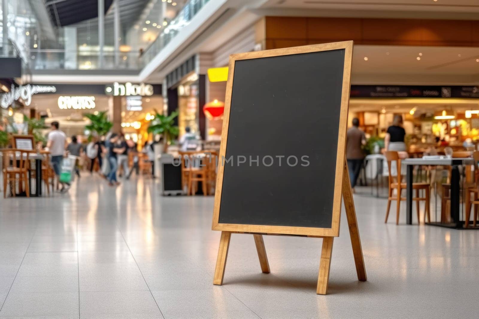 Advertising blank Blackboard, Blank restaurant shop sign or menu boards in shopping mall center, Blackboard sign mockup in front of a restaurant Signboard, Generative AI.