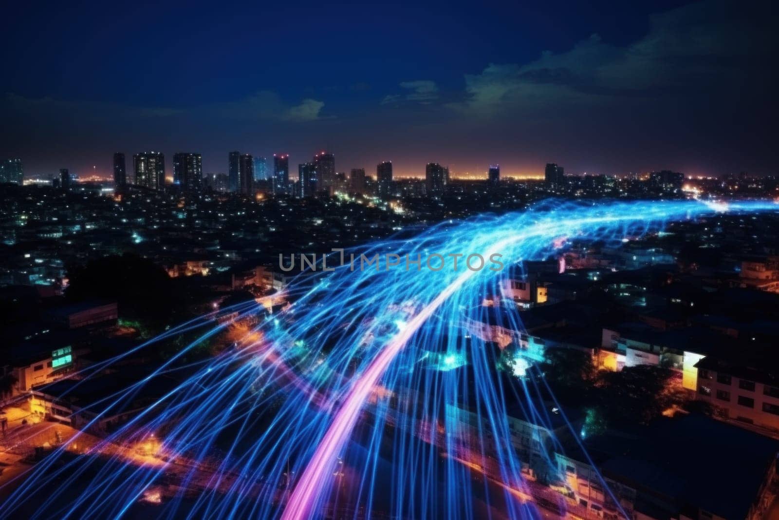 fiber optic speed line, image of modern city network communication concept.