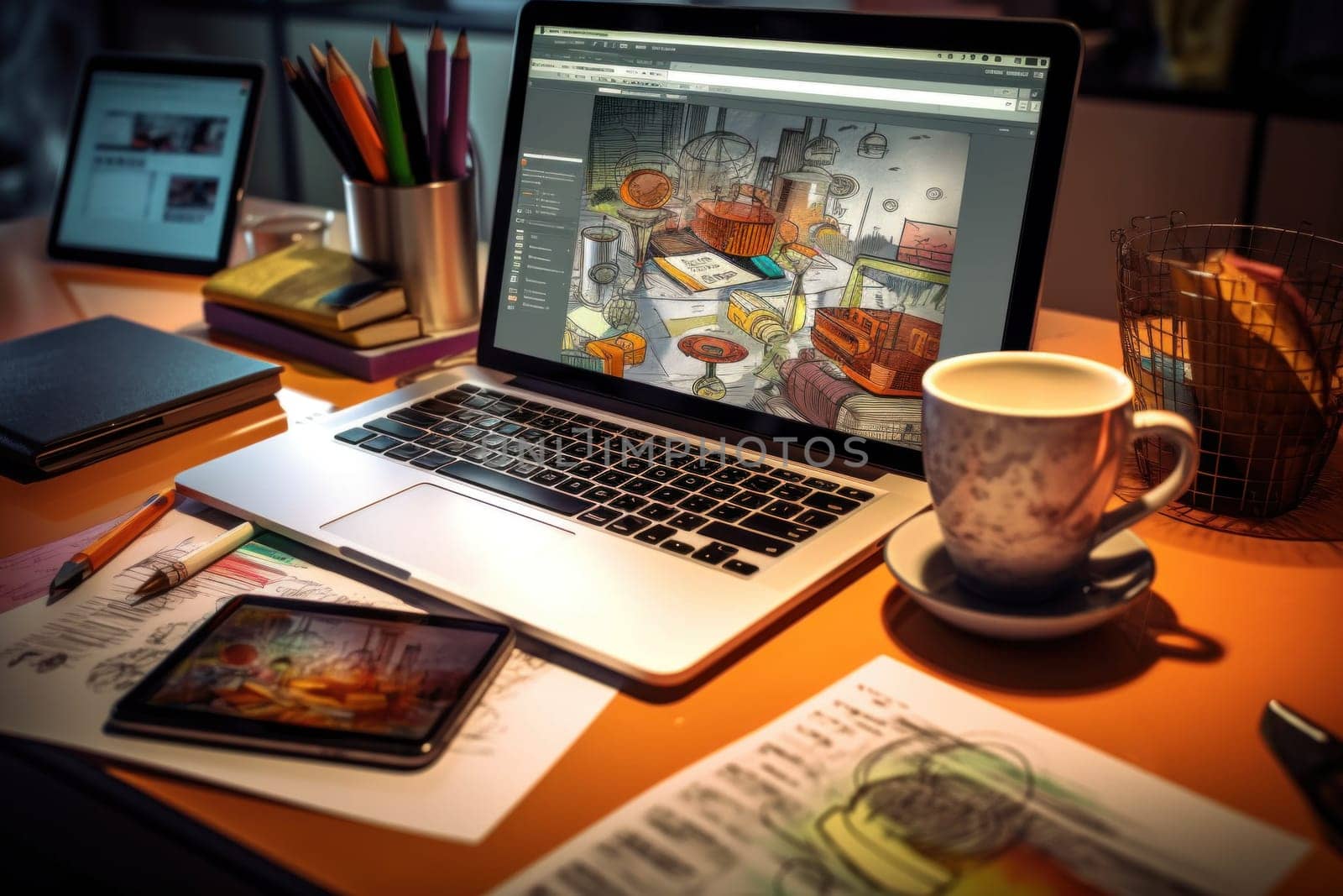 A designer's desk with a laptop, designer's working table.