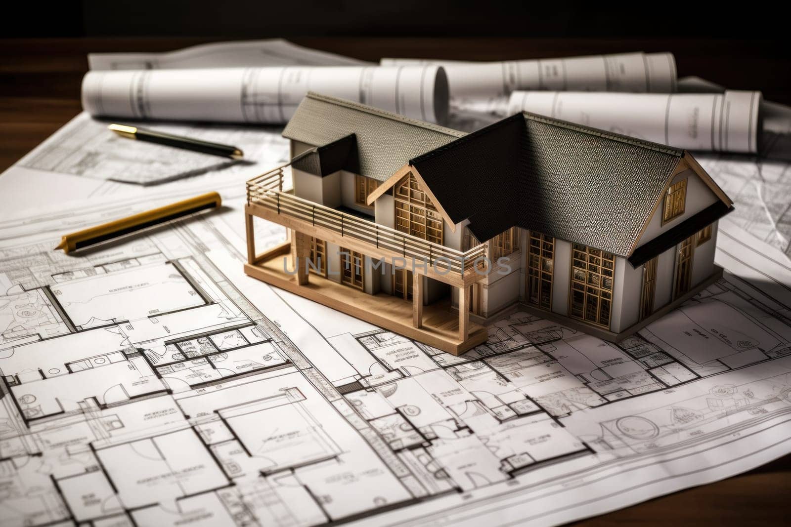 House models sit on top of several different architects drawings and floor plan.