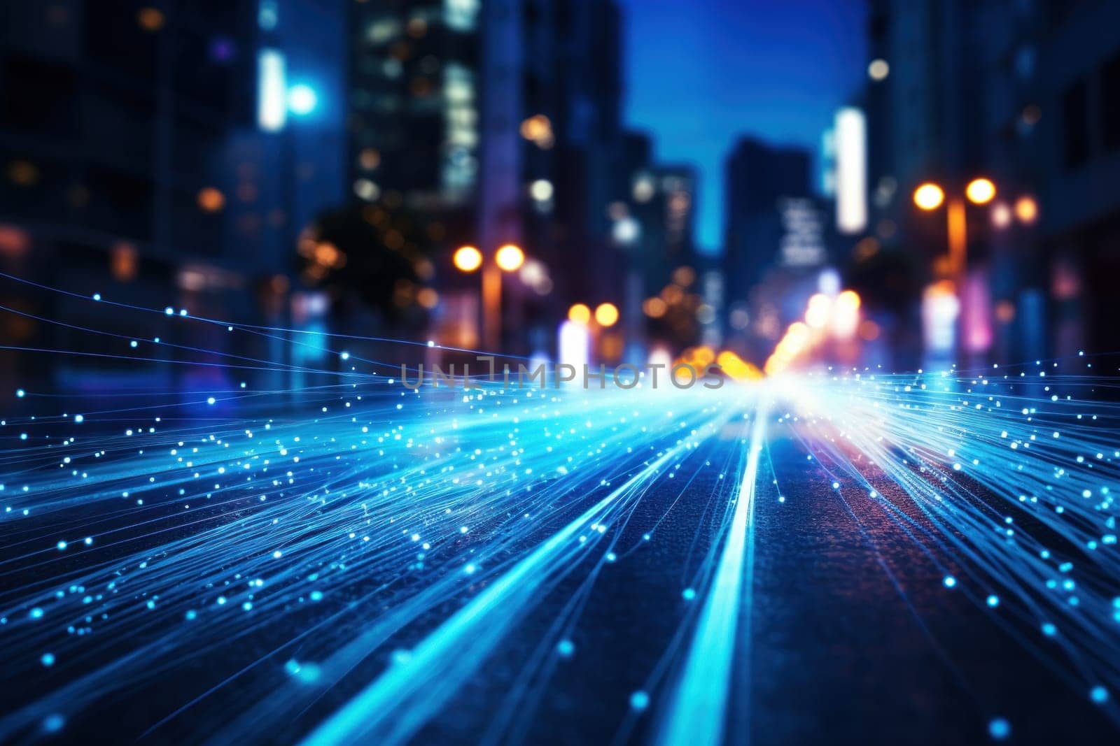fiber optic speed line, image of modern city network communication concept.
