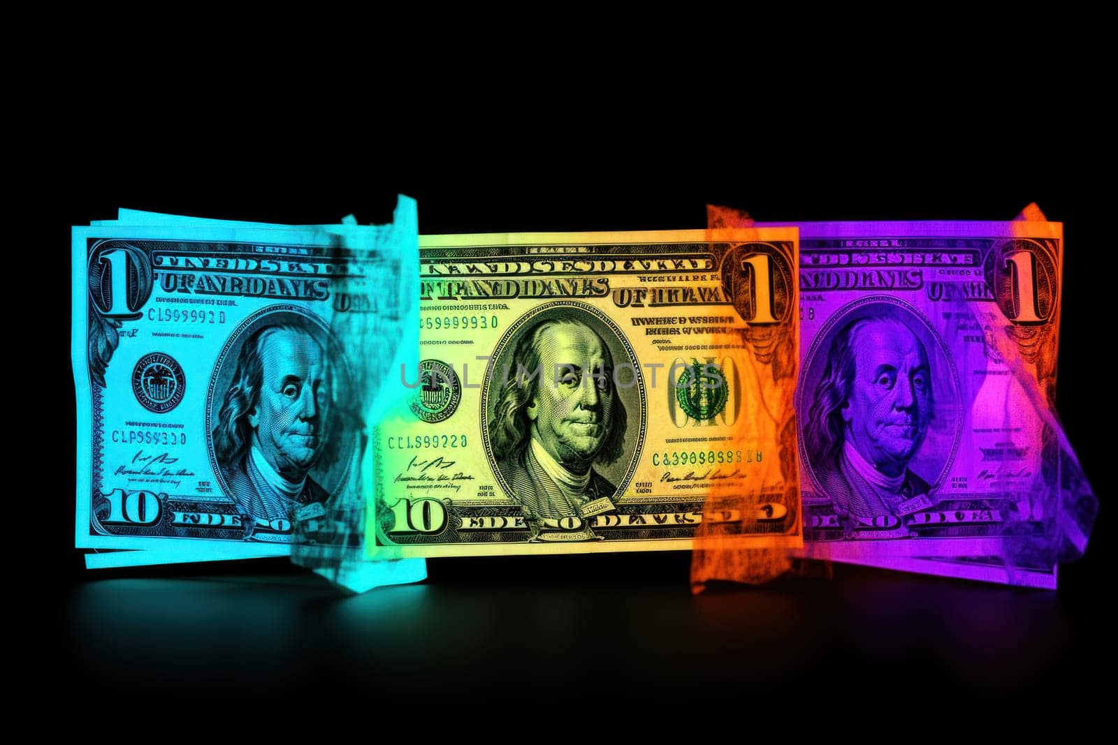 dollar bills falling with Neon colorful background.
