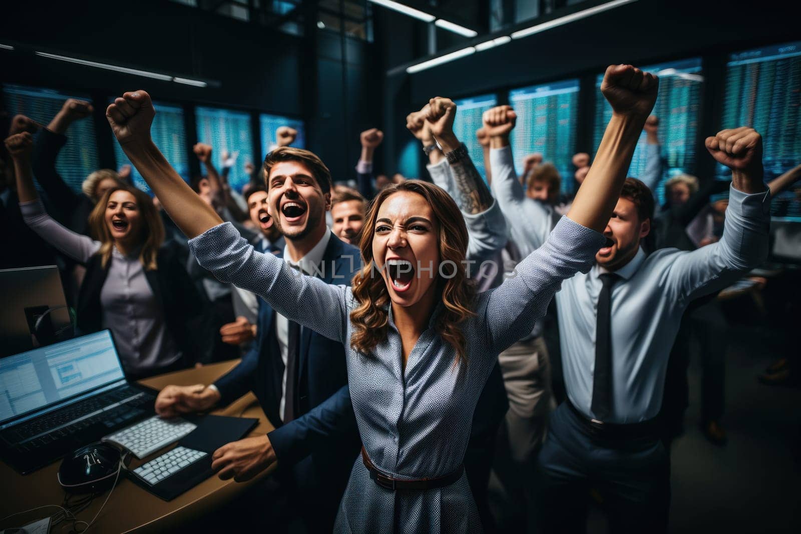 Group of successful happy business people in office celebrating Generative AI.