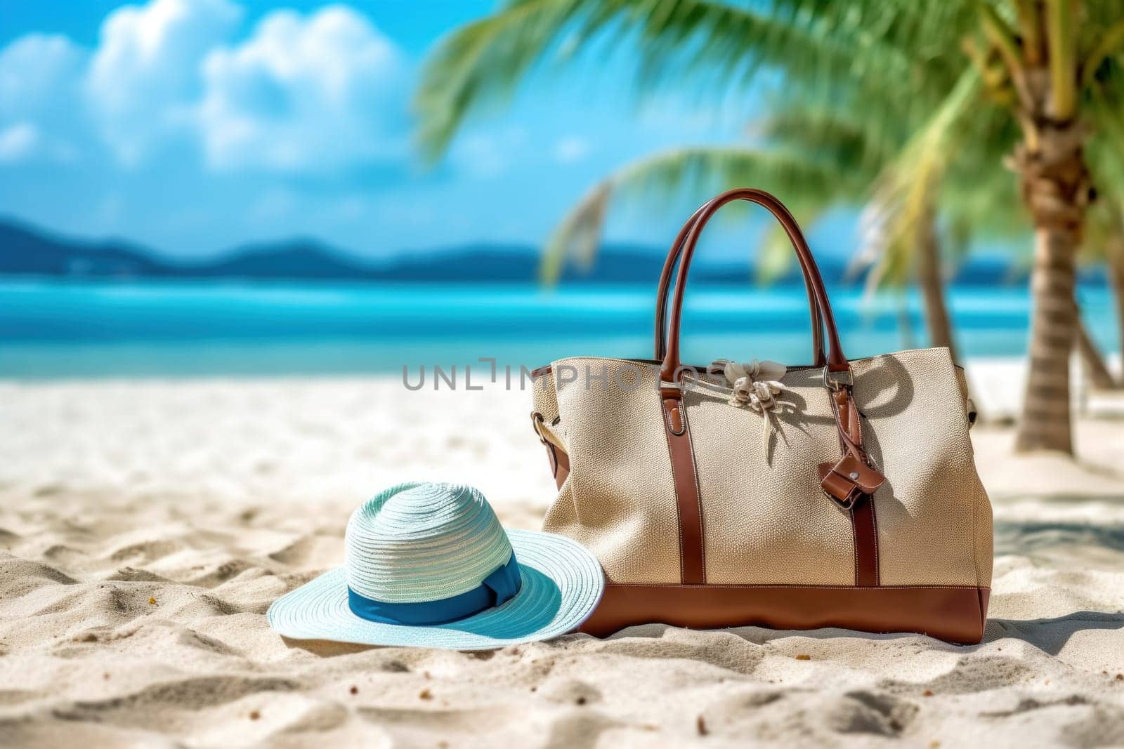 Summer Bag On Tropical Sand, Accessories Hat Towel With Leaves Palm And Blue Sea.