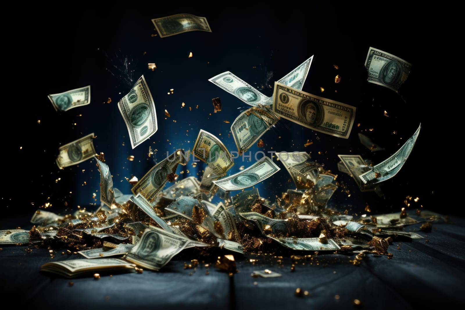 dollar bills falling with darkness background, money rain concept.