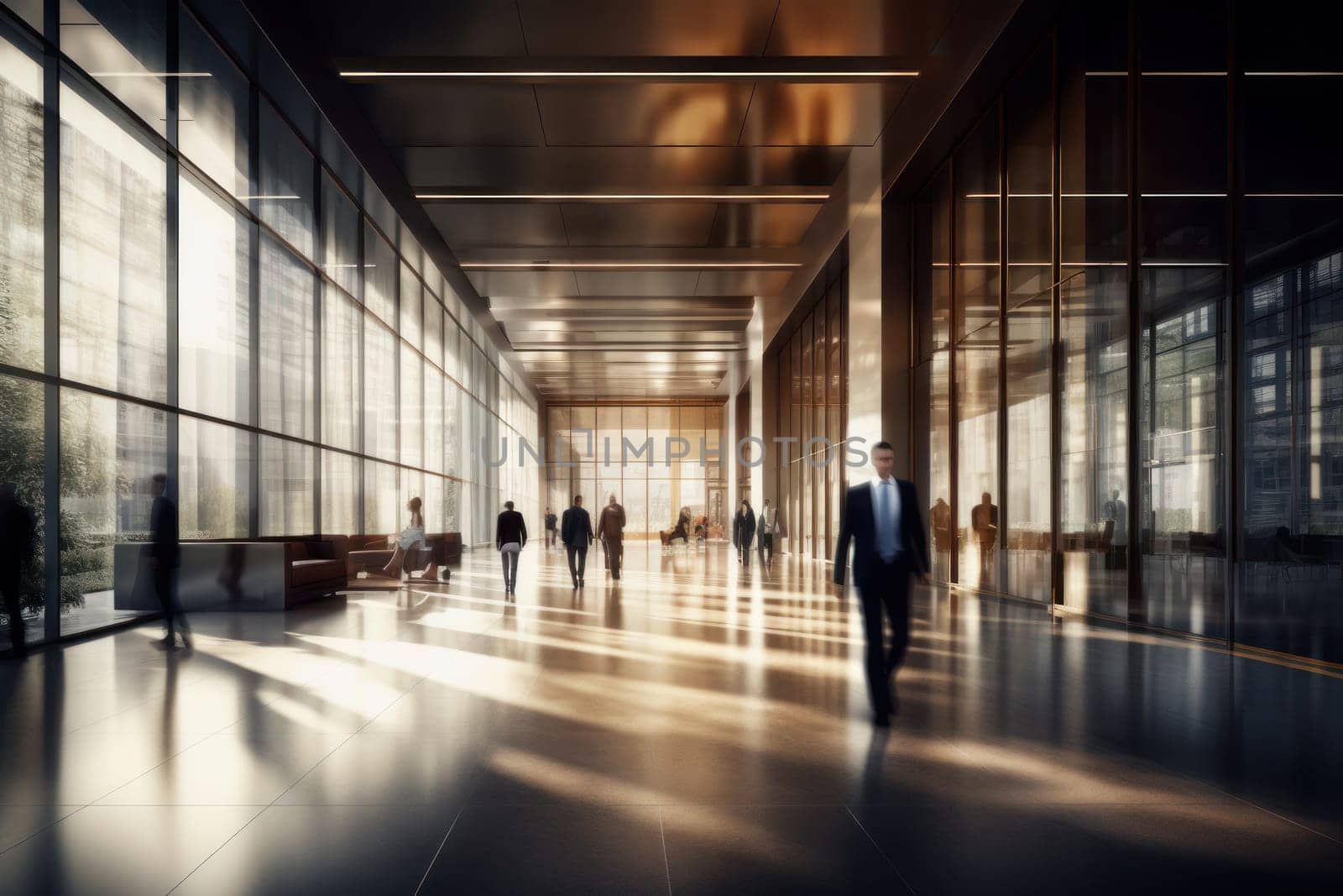 An office building with a huge people flow, fast shutter, Business people walking, Generative AI.