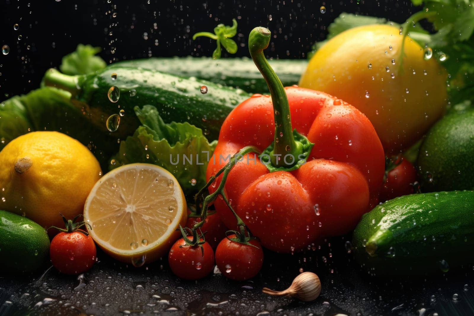 Photo of various vegetables with water splashes.